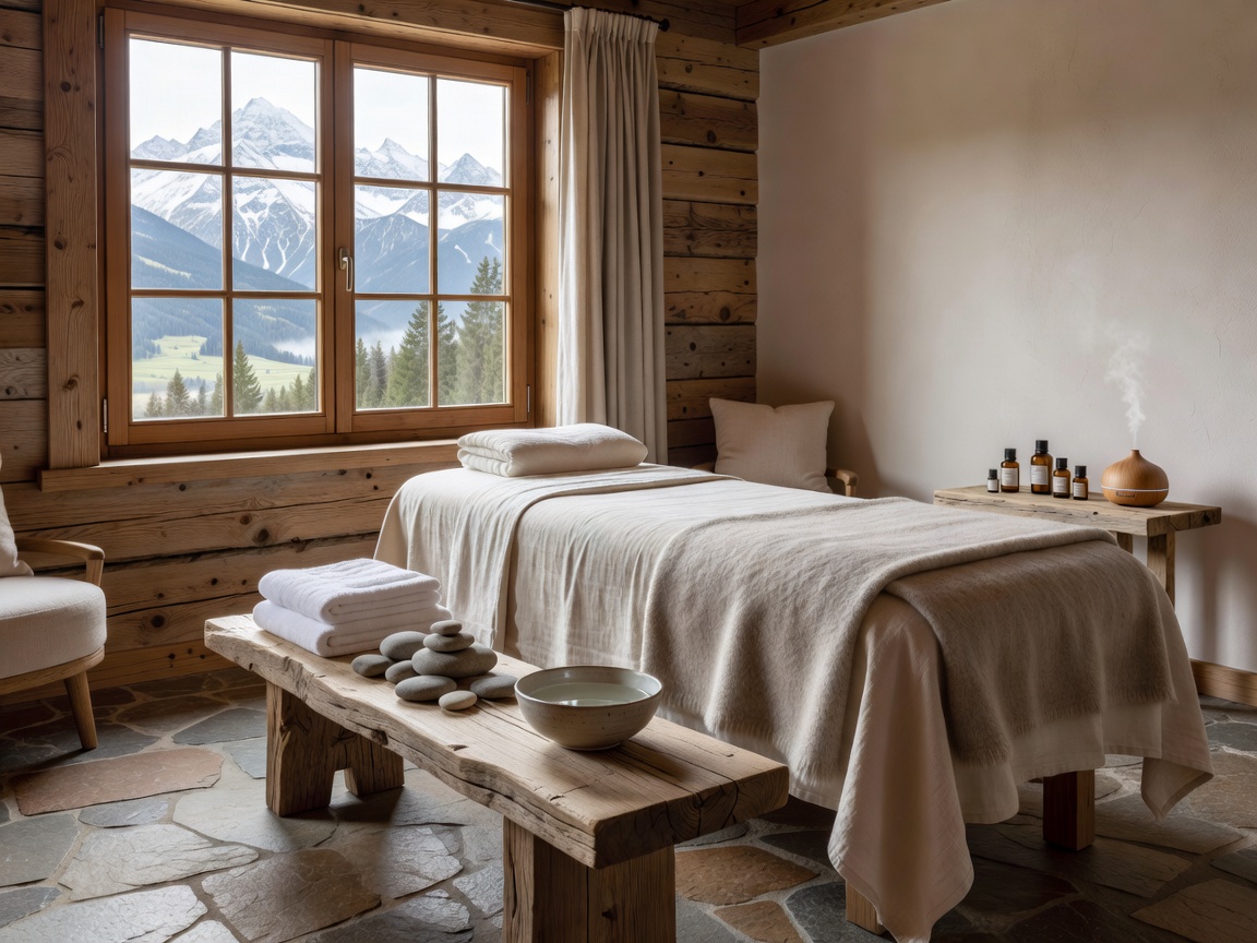 Calm Alpine spa treatment room with natural materials