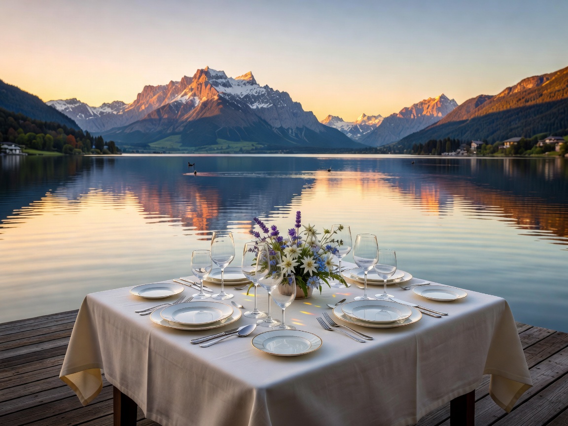 Elegant lakeside dining table with mountain scenery
