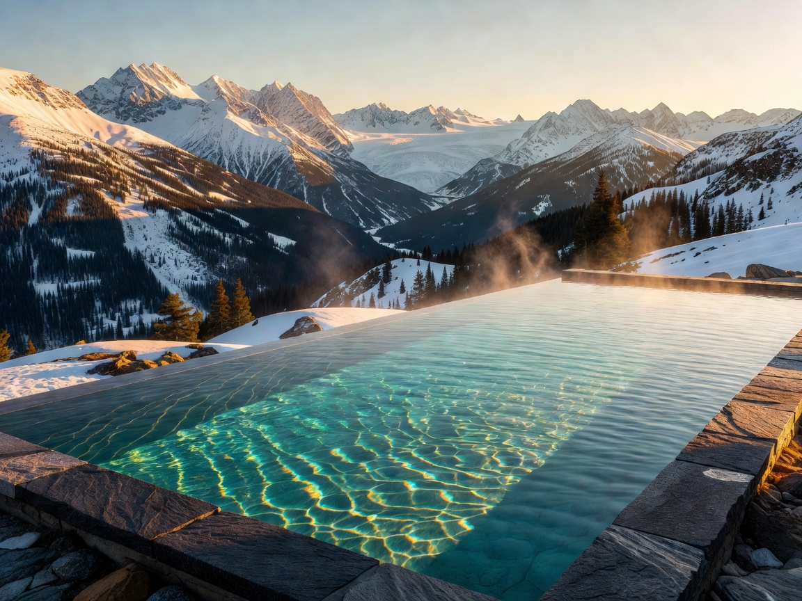 Heated infinity pool overlooking alpine mountains