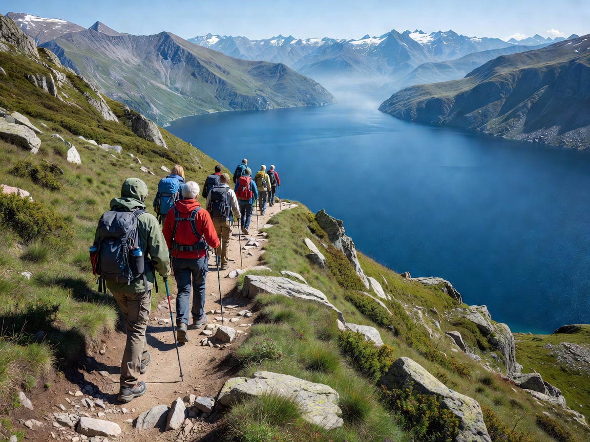 Hikers on an alpine trail above a blue lake