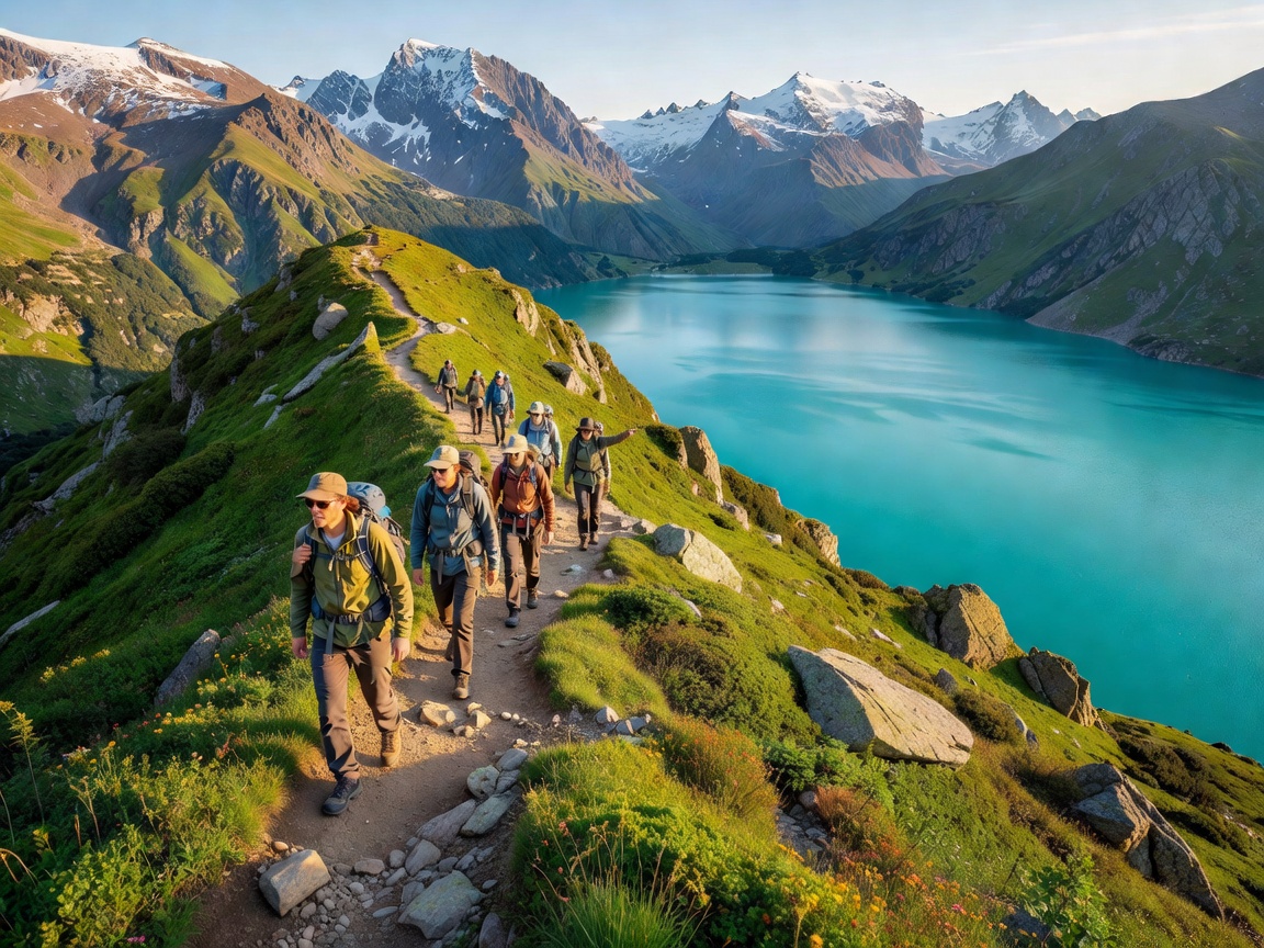Hikers walking a green alpine trail above a turquoise lake