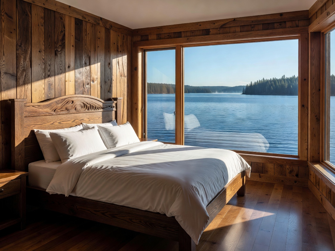 King bedroom with timber details and a blue lake view