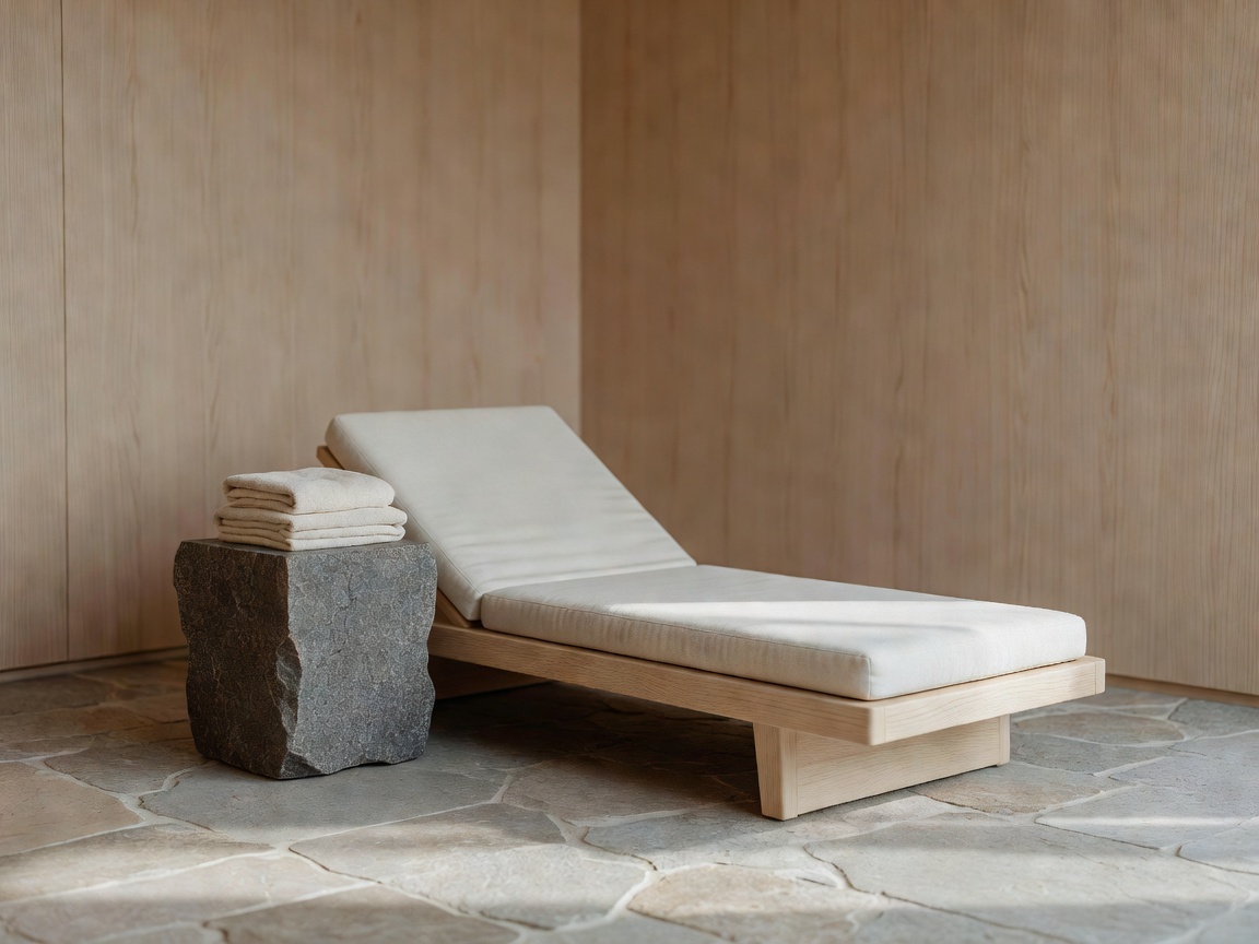 Minimal spa relaxation room with timber, stone and soft daylight