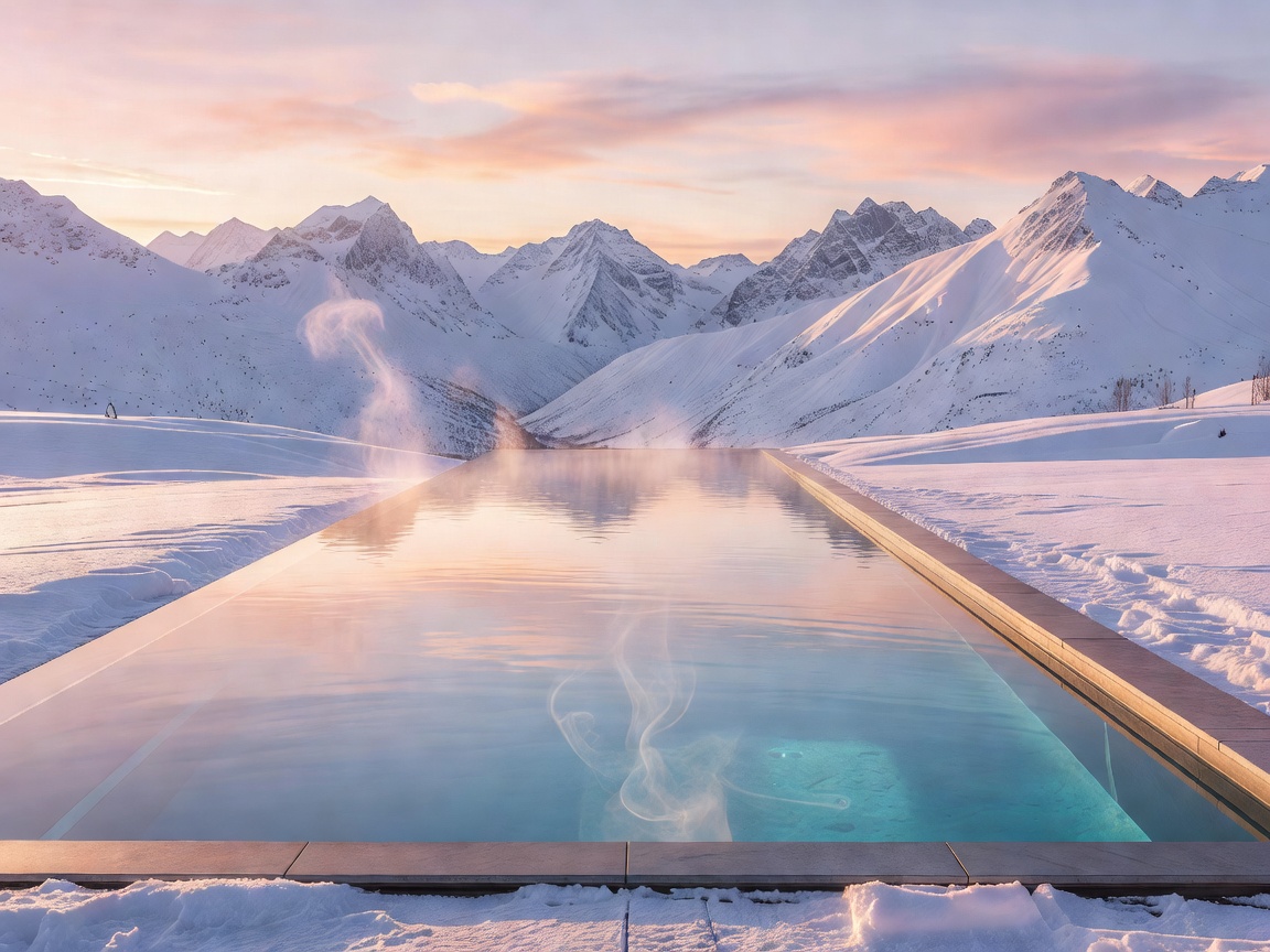 Outdoor heated infinity pool with snowy mountain horizon