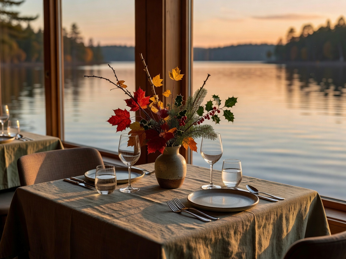 Seasonal restaurant table set beside large windows overlooking a lake