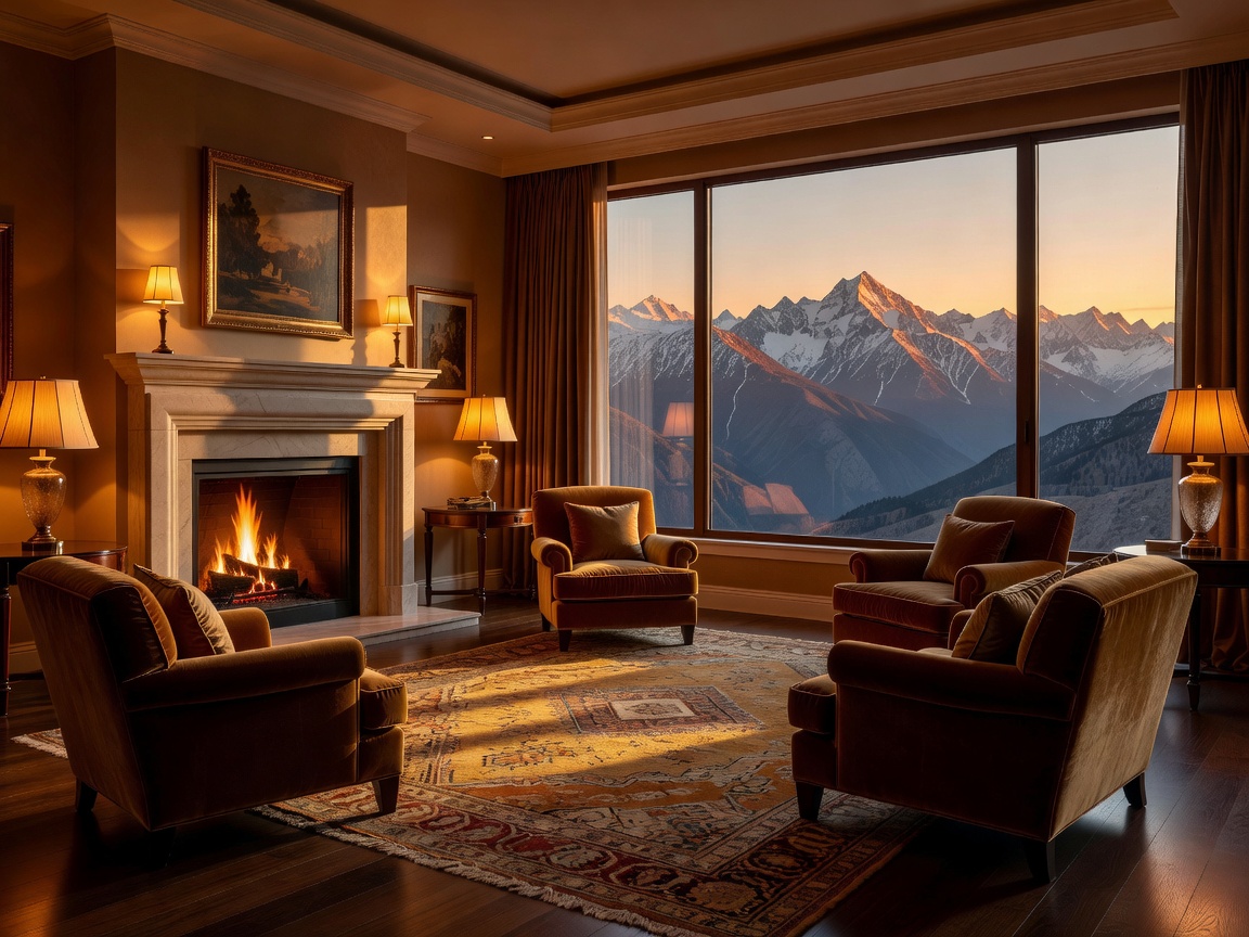 Warmly lit luxury room with a mountain view